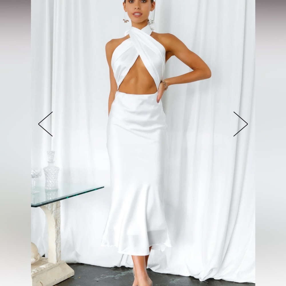 Hello Molly White Satin Cross Halter Maxi Dress